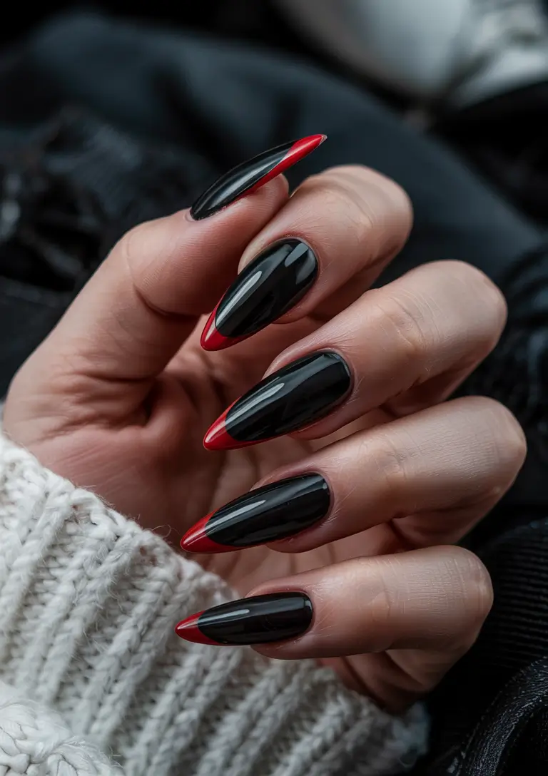Black Summer Nails That Pop in 2025 - Red-Tipped Glossy Black Daggers