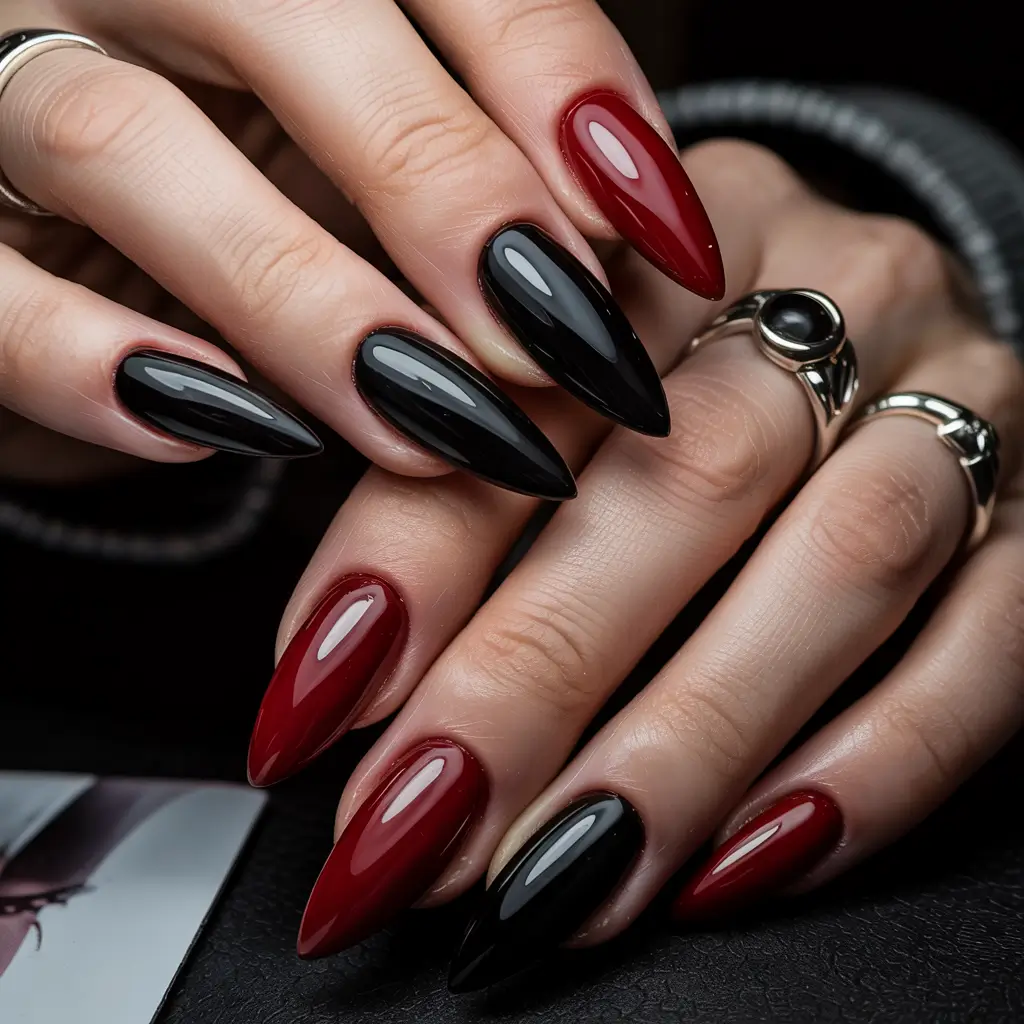 Black Summer Nails That Pop in 2025 Cherry Noir Drama with a Stiletto Edge