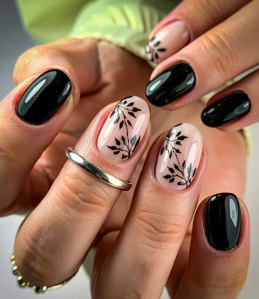 Black Summer Nails That Pop in 2025 Botanical Whisper on Nude and Ink