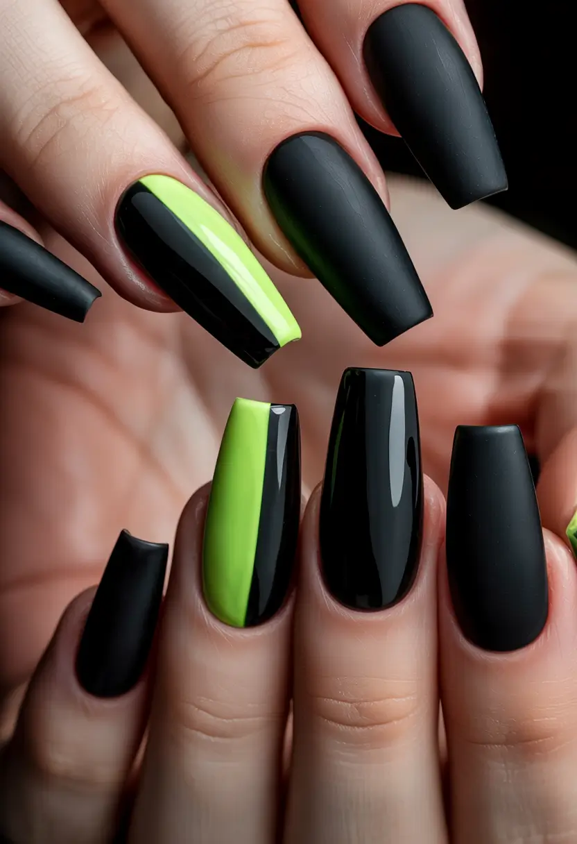 Black Summer Nails That Pop in 2025 - Lime Lightning Bolt Half-Gloss Contrast