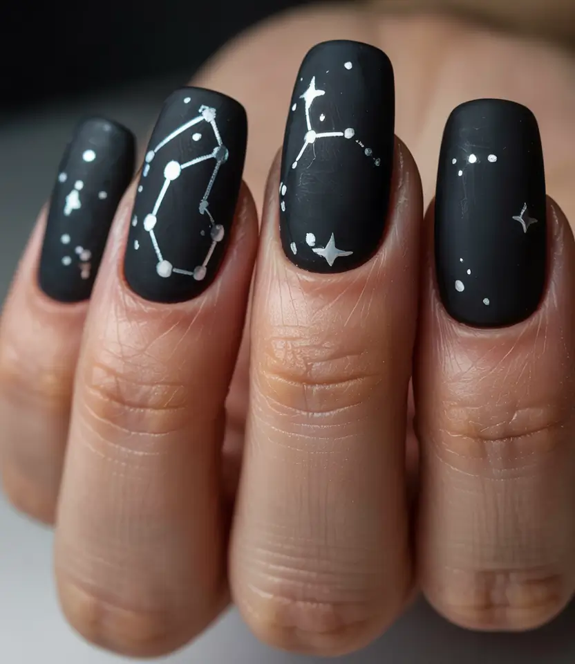 Black Summer Nails That Pop in 2025 Celestial Matte Constellations