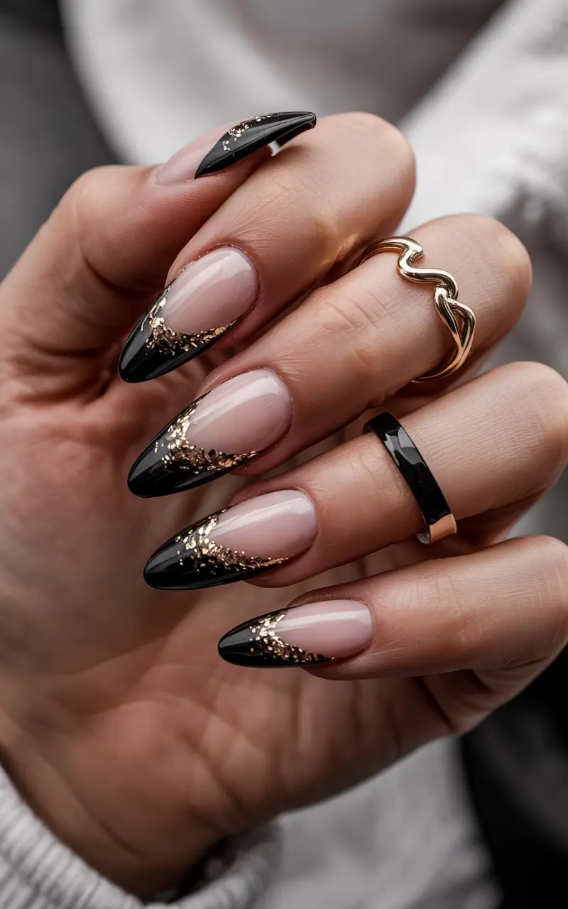 Black Summer Nails That Pop in 2025 Gold-Dusted Drama Tips