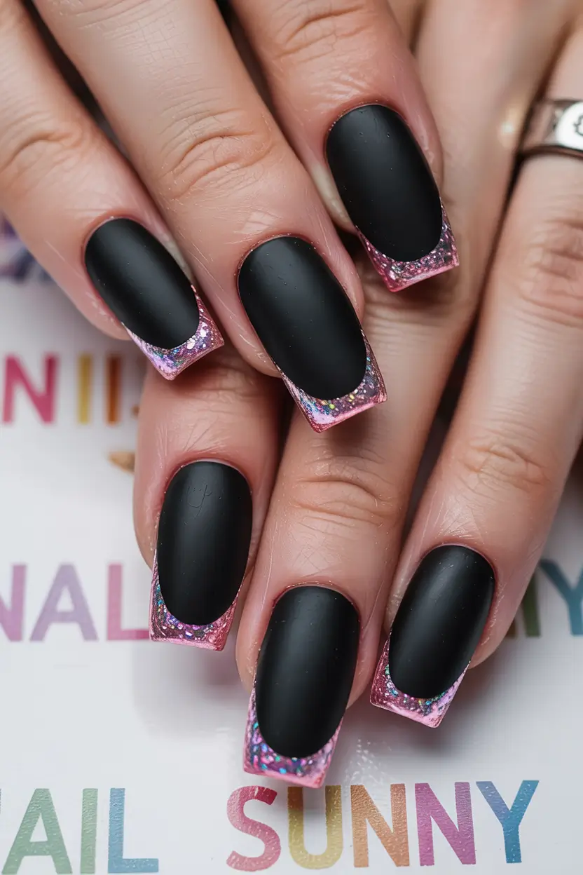 Black Summer Nails That Pop in 2025 Glitter-Dipped Barbiecore French