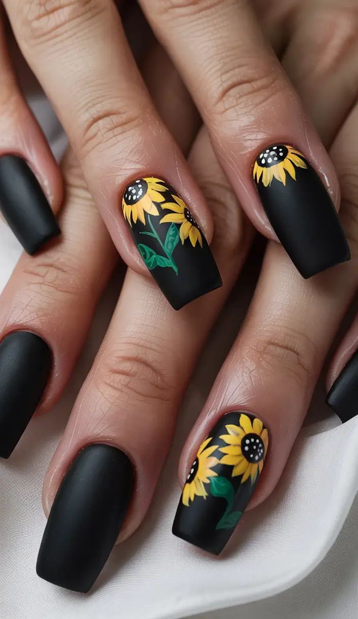Black Summer Nails That Pop in 2025 - Sunflower Sketches on Matte Black