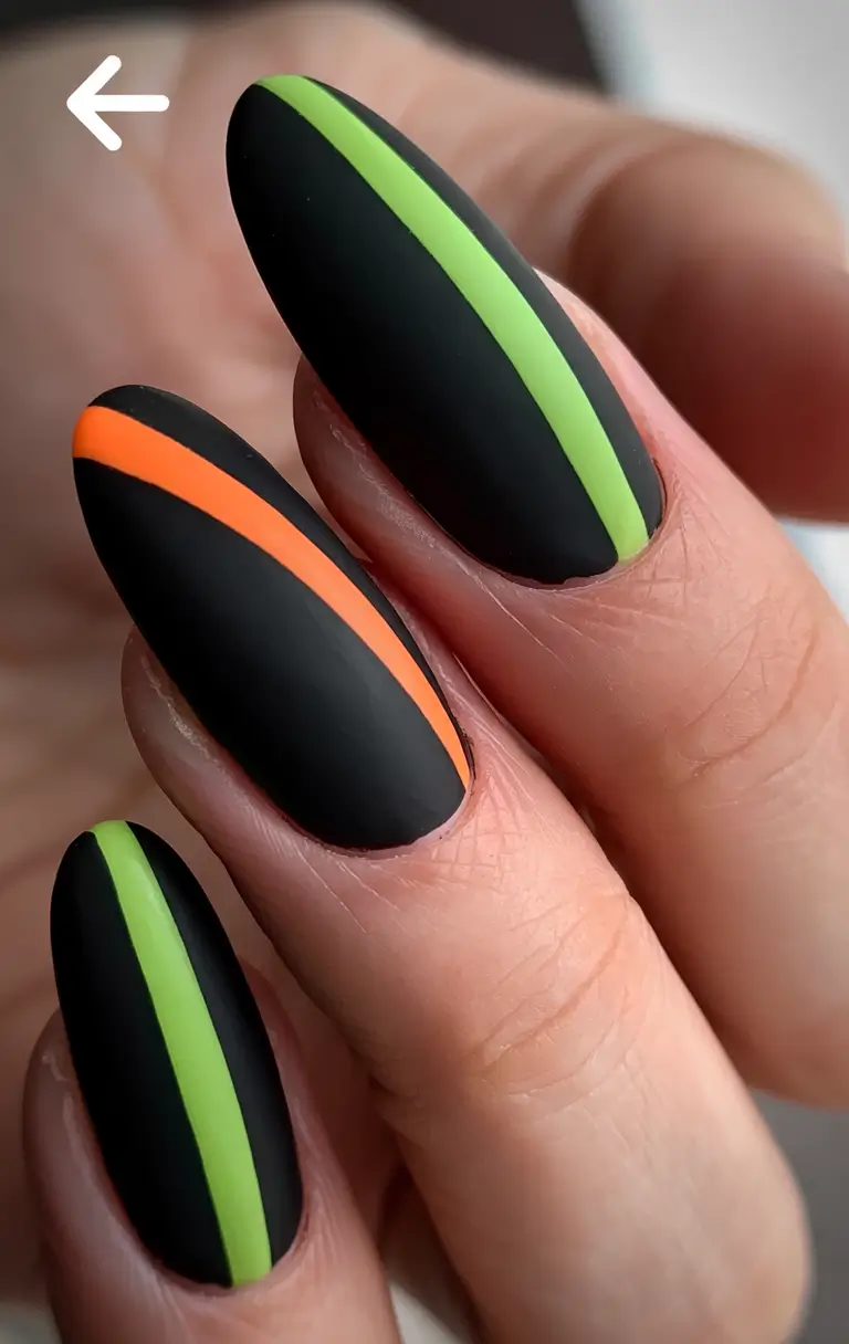 Black Summer Nails That Pop in 2025 - Neon Racing Stripes on Almond Matte