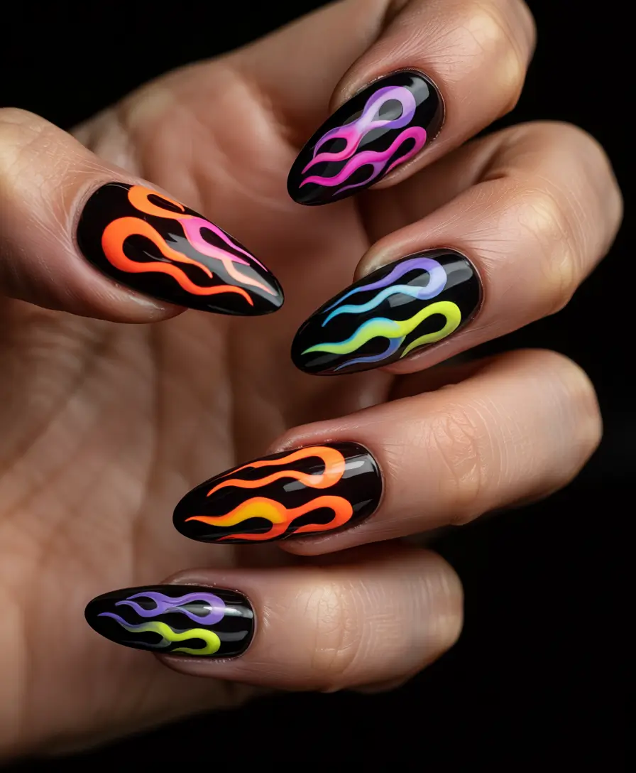 Black Summer Nails That Pop in 2025 - Flame-Tipped Neon on Gloss Black