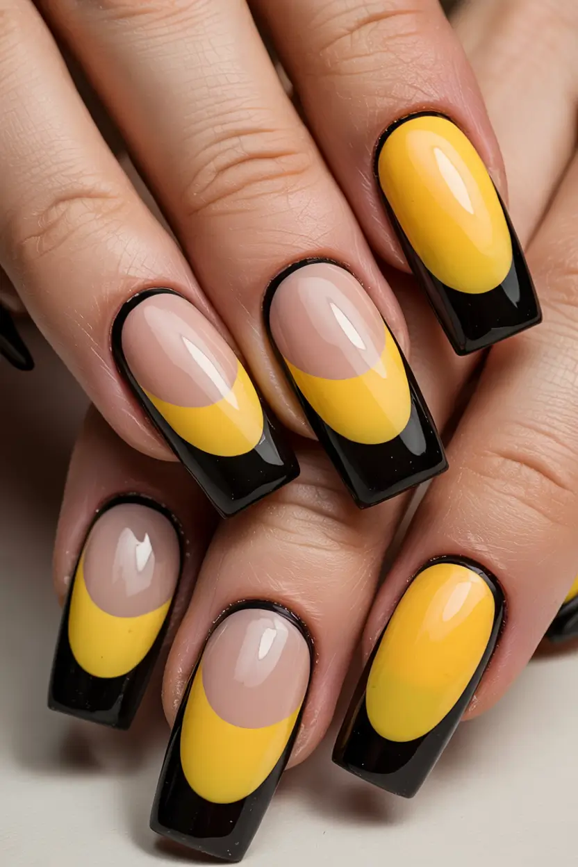 Black Summer Nails That Pop in 2025 - Glossed Banana Moons with Jet-Black Frames