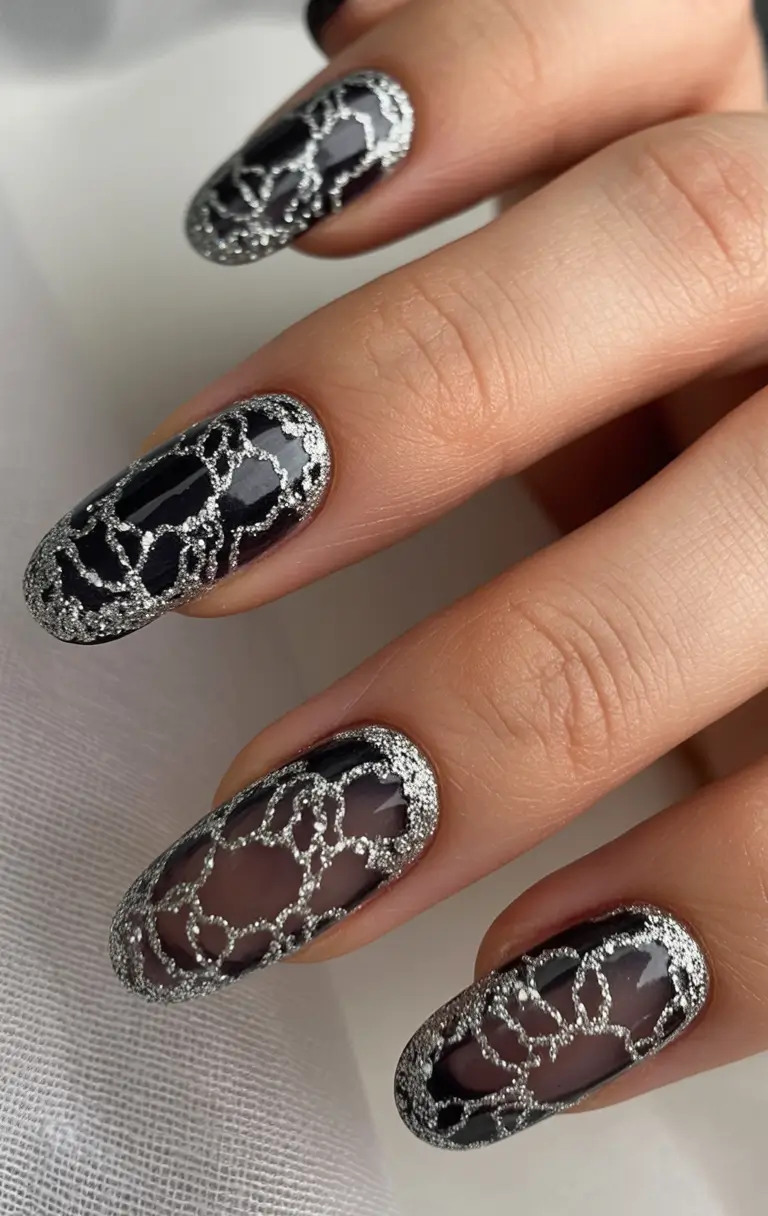 Black Summer Nails That Pop in 2025 - Silver Webbing Over Smoky Black