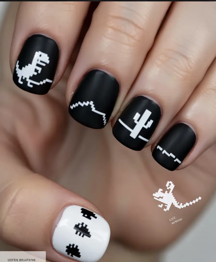 Black Summer Nails That Pop in 2025 - Pixel Dino Throwback in Matte Monochrome