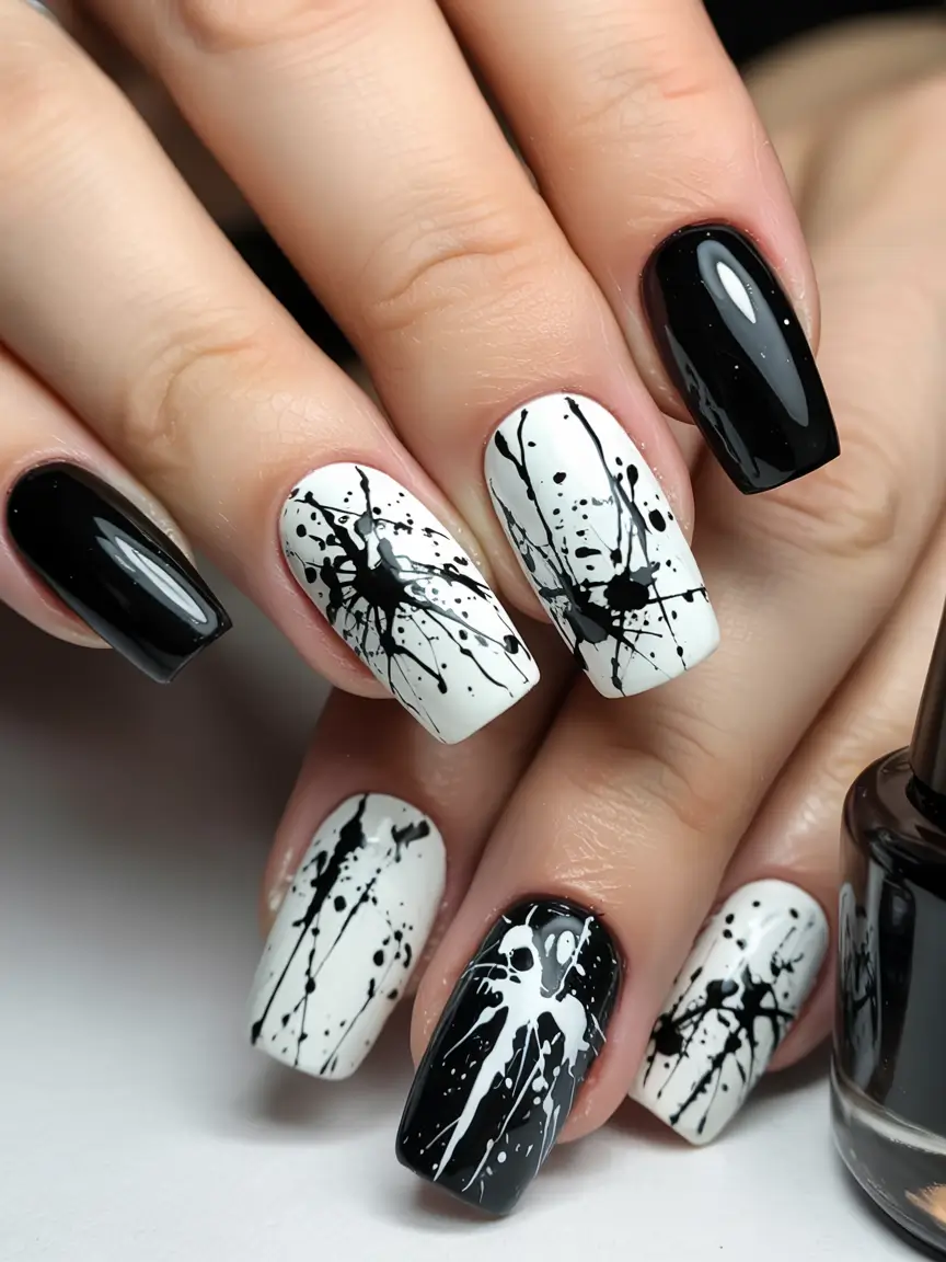 Black Summer Nails That Pop in 2025 - Black and White Paint Splatter Drama