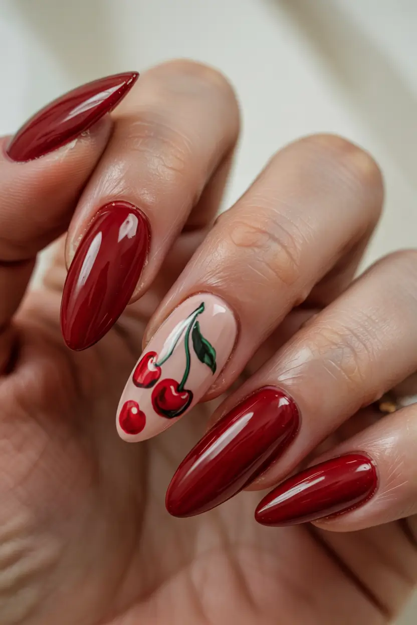 Cherry Nail Inspo for 2025 Vibes+Classic Deep Red with a Cherry Pop