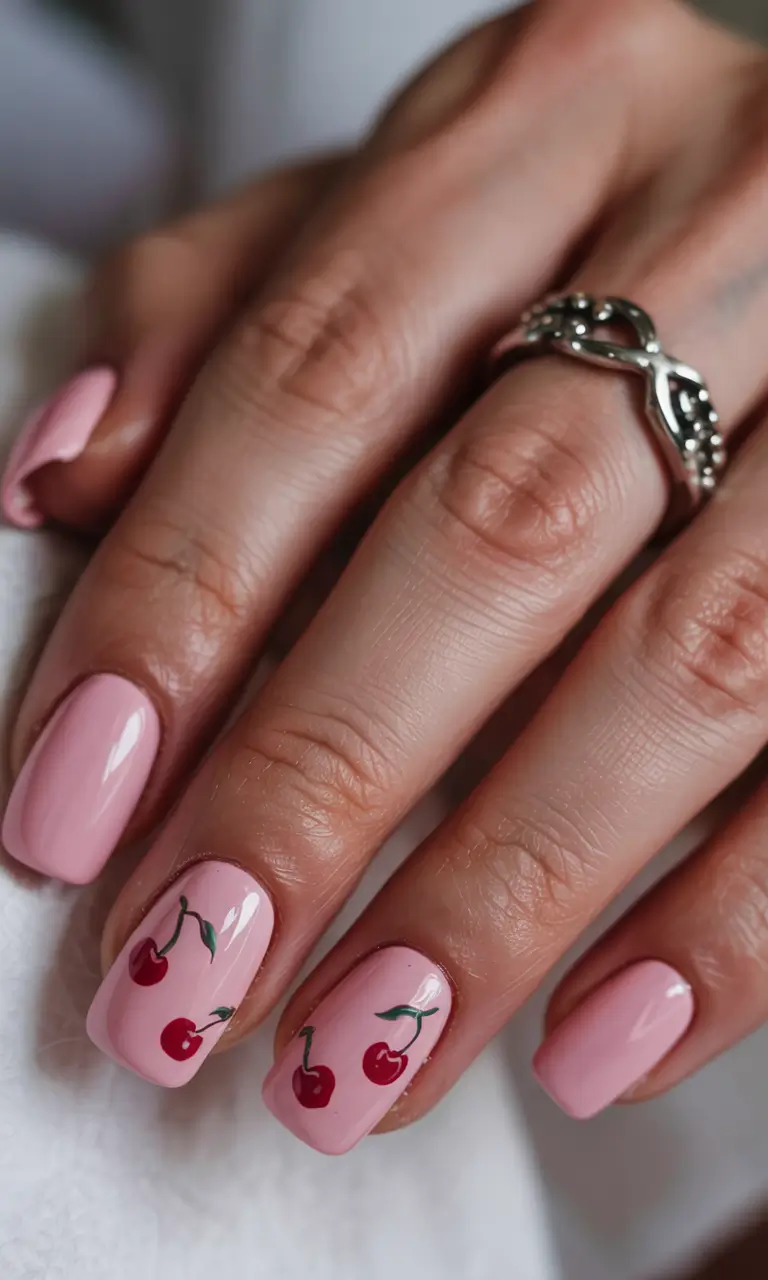 Cherry Nail Inspo for 2025 Vibes+Glossy Elegance in Square Pink