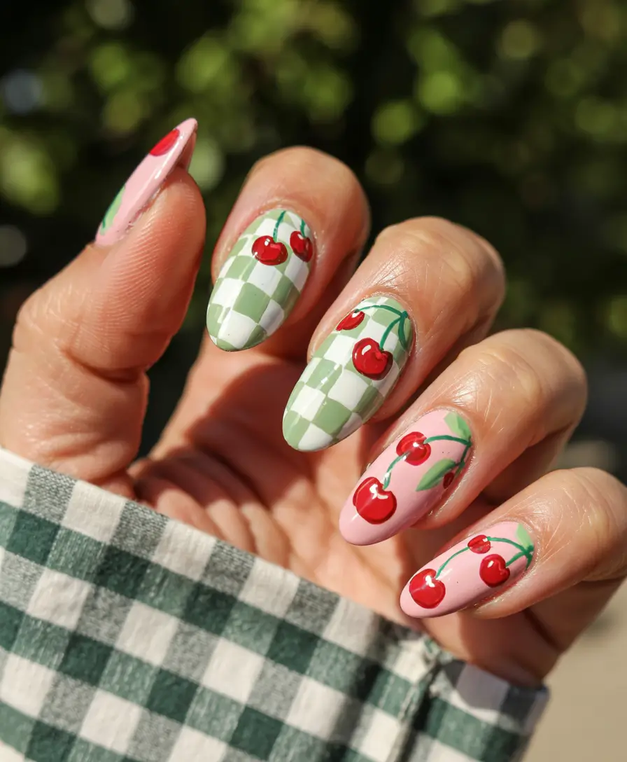 Cherry Nail Inspo for 2025 Vibes+Gingham Meets Cherry Garden