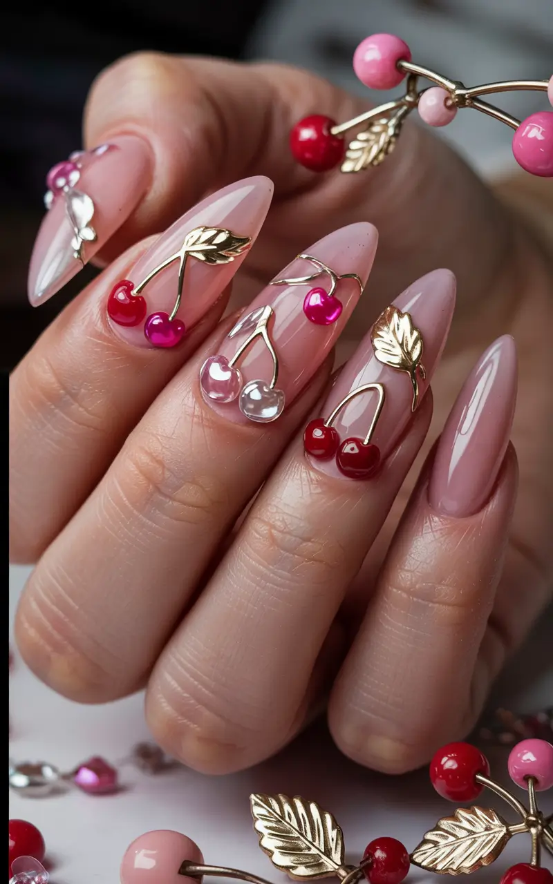 Cherry Nail Inspo for 2025 Vibes+3D Cherry Luxe with Gold Accents