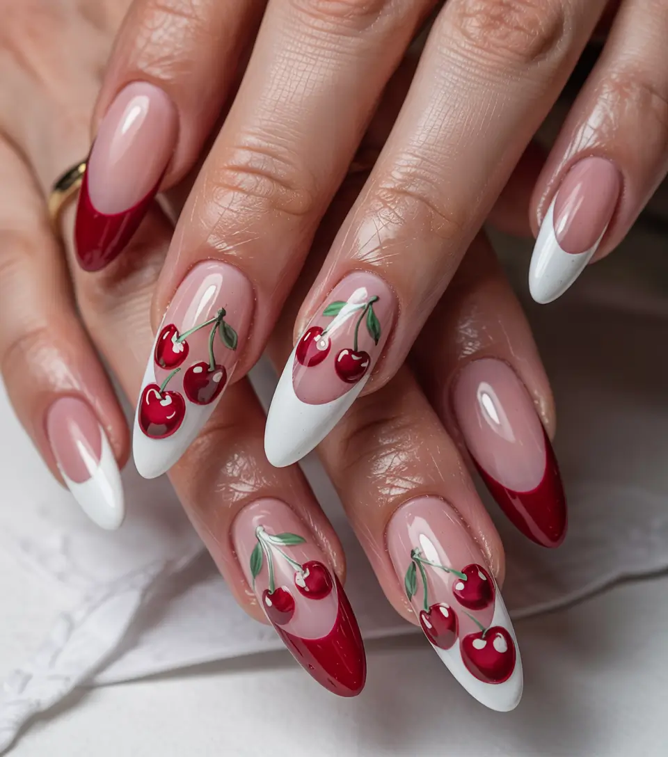 Cherry Nail Inspo for 2025 Vibes+Cherry-Tipped French Drama