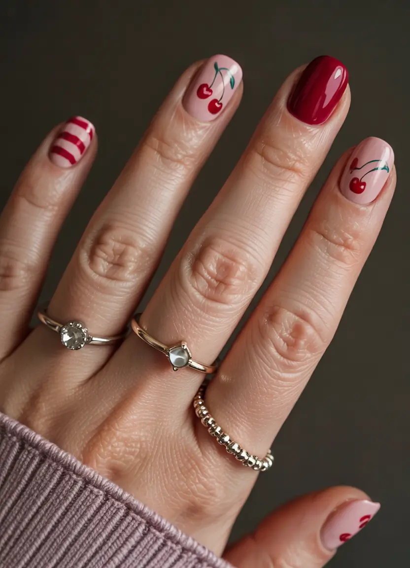 Cherry Nail Inspo for 2025 Vibes+Retro Stripes & Cherries Pop Art