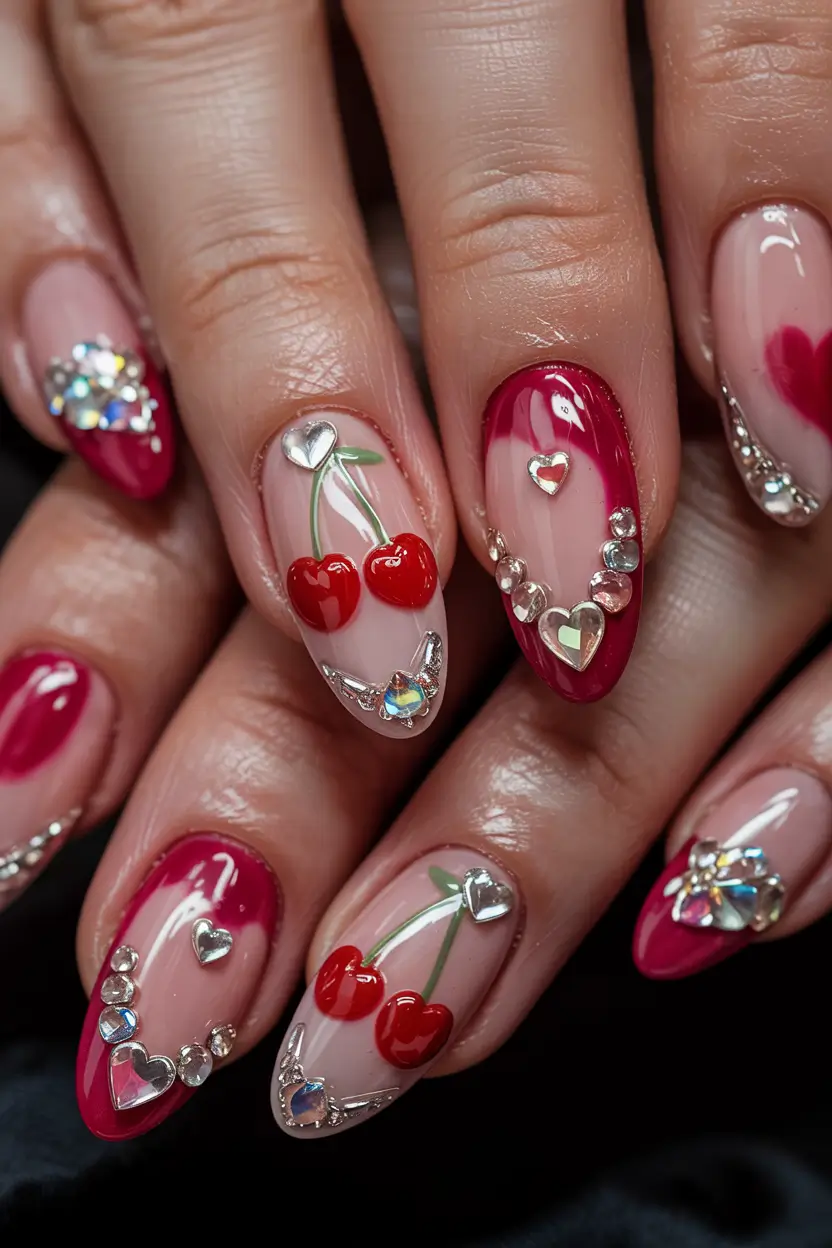 Cherry Nail Inspo for 2025 Vibes+Rhinestone Romance with Cherry Hearts
