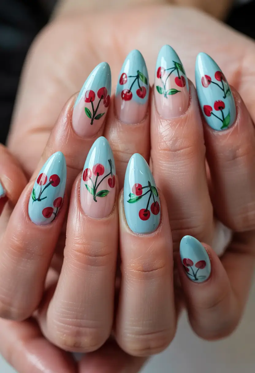 Cherry Nail Inspo for 2025 Vibes+Cool Blue Cherry Splash
