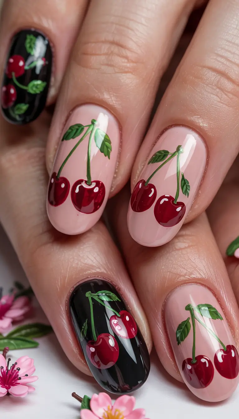 Cherry Nail Inspo for 2025 Vibes+Dark Mode Cherry Chic