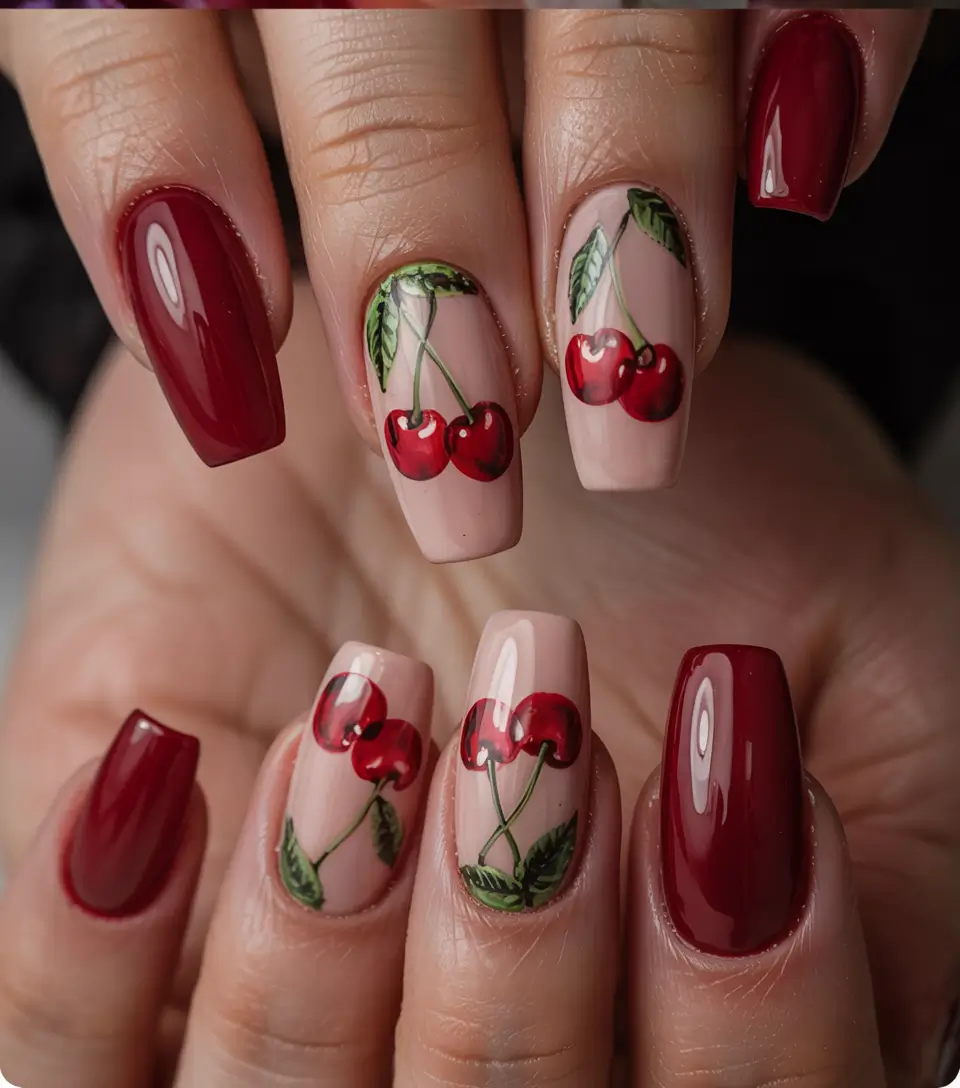 Cherry Nail Inspo for 2025 Vibes+Glossy Deep Red & Realistic Cherry Pop
