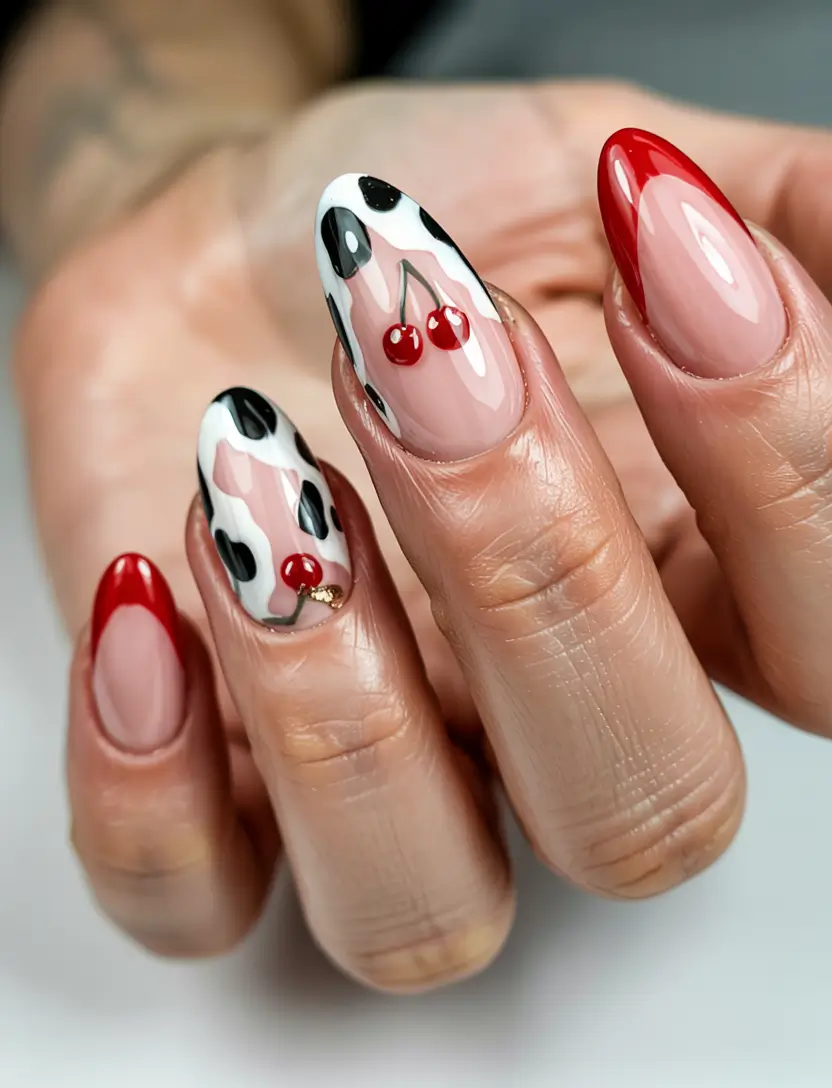 Cherry Nail Inspo for 2025 Vibes+Cherries, Cow Print & Bold Tips