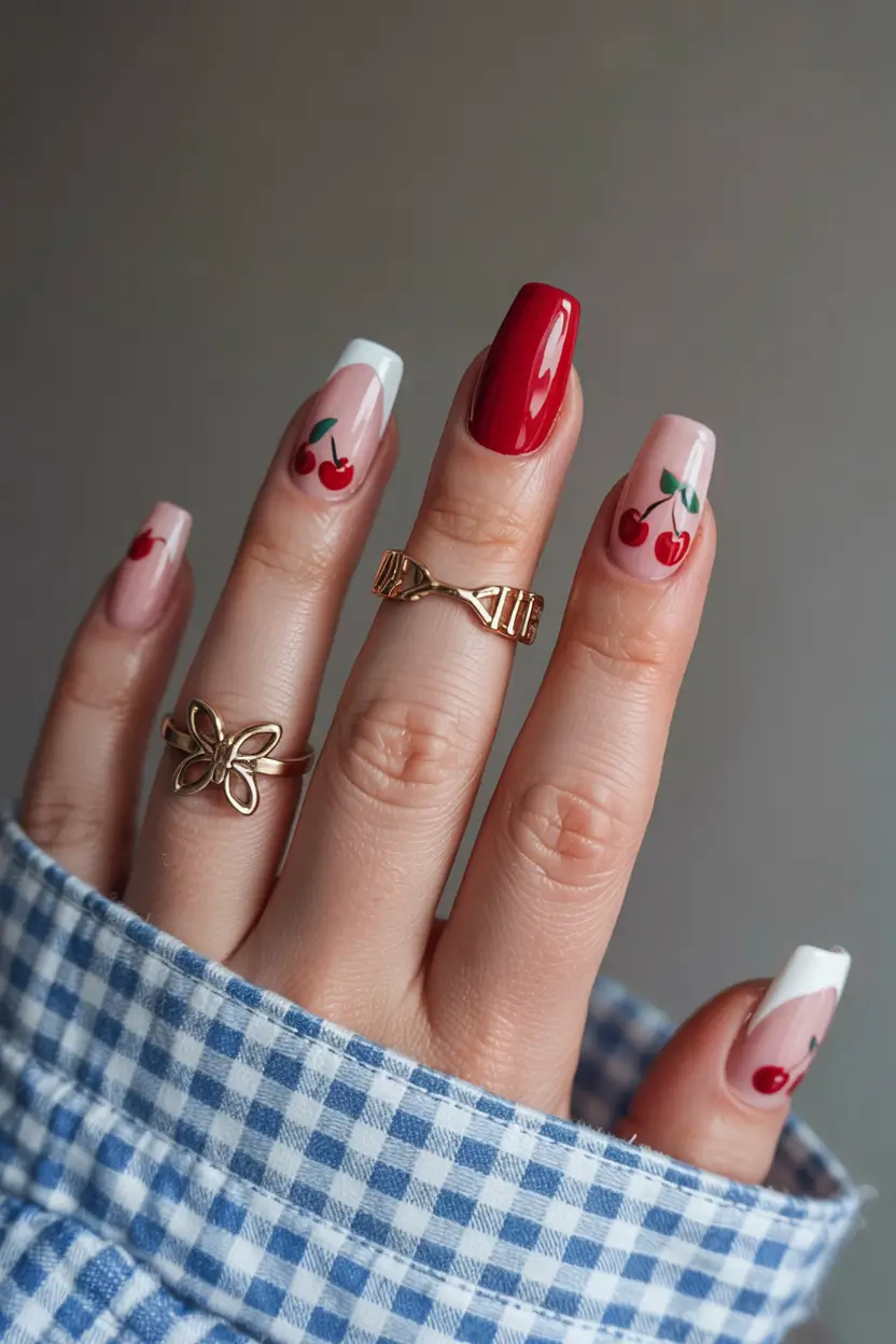 Cherry Nail Inspo for 2025 Vibes+Classic Meets French with Cherry Sweetness