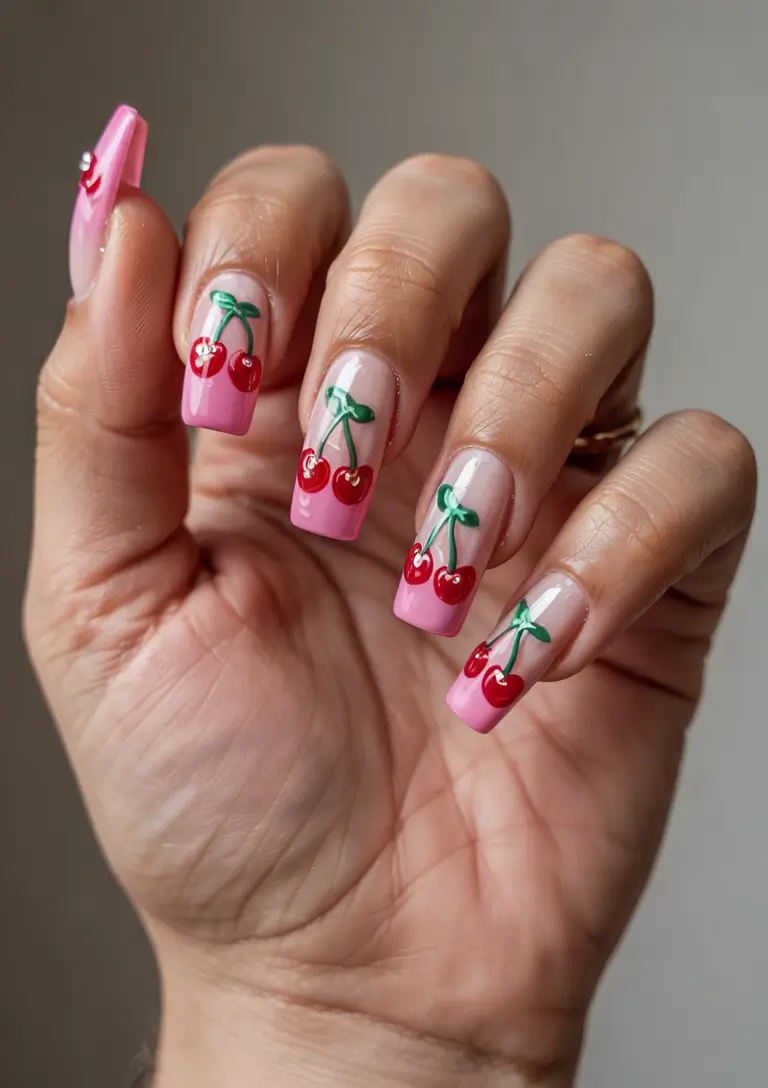 Cherry Nail Inspo for 2025 Vibes+Glossy Pink with a Double Cherry Tip