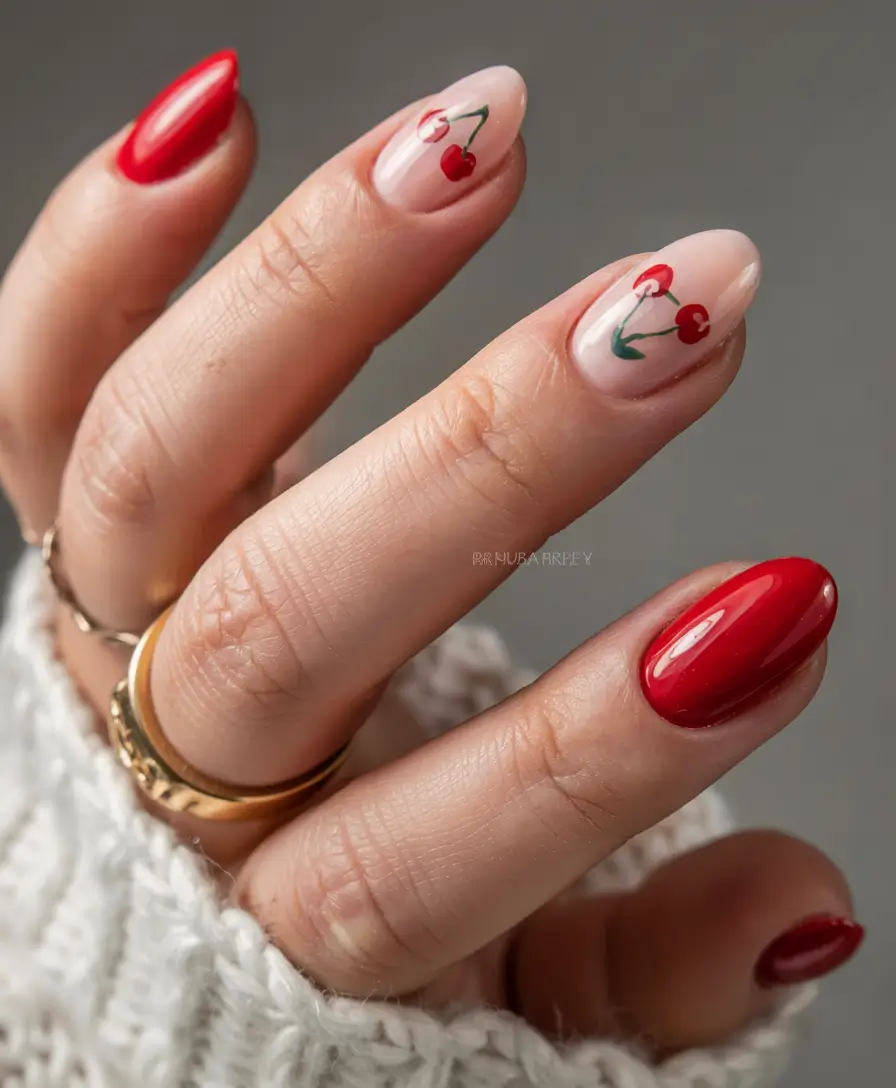 Cherry Nail Inspo for 2025 Vibes+Soft Nude and Cherry Mix for Everyday Wear