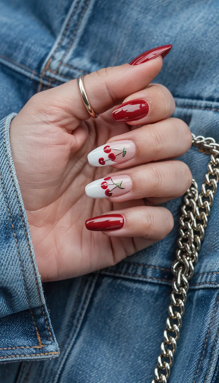 Cherry Nail Inspo for 2025 Vibes+Cherry Punch Meets Classic Cream