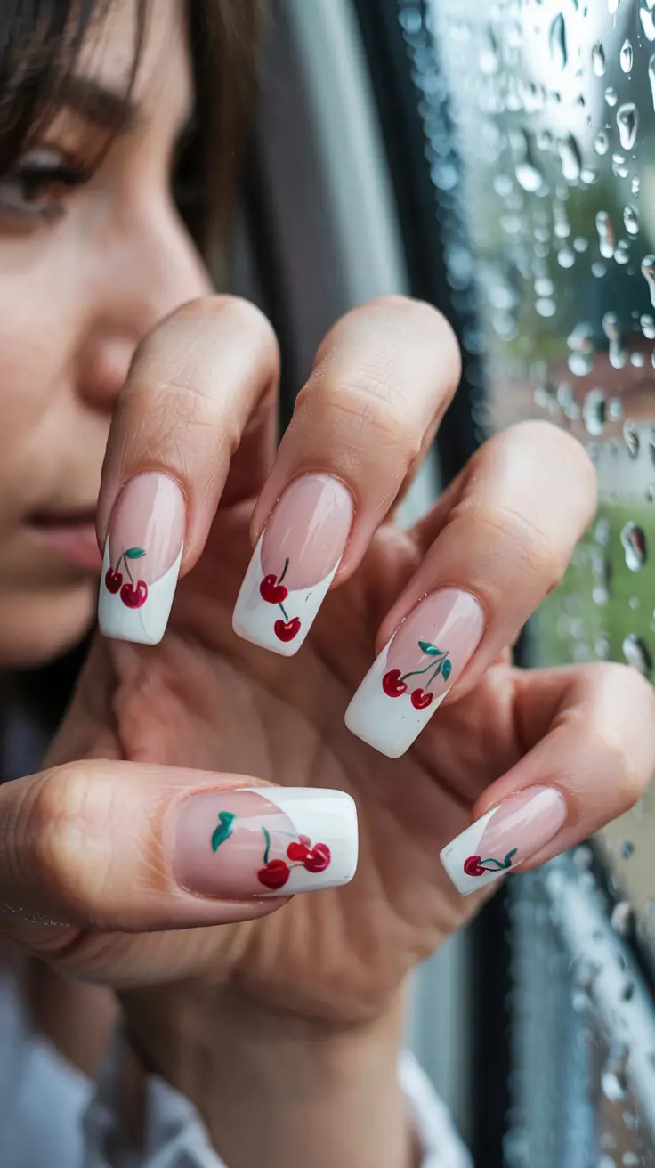 Cherry Nail Inspo for 2025 Vibes+French Cherry Tips for a Rainy Day