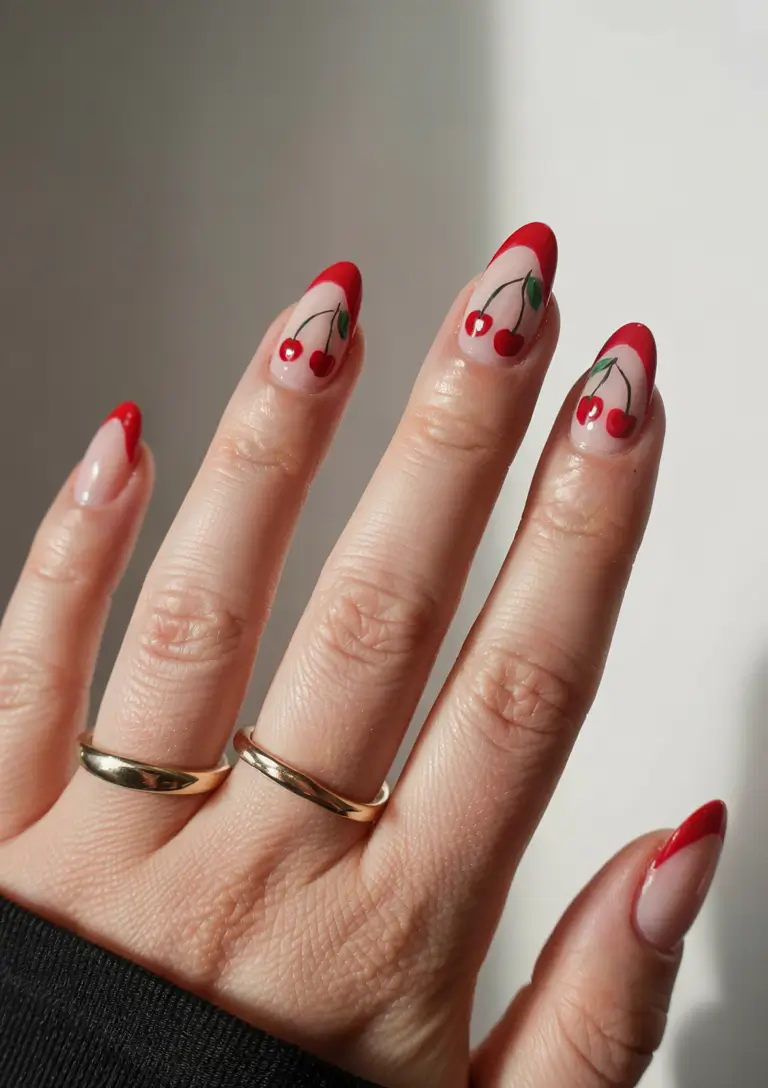 Cherry Nail Inspo for 2025 Vibes+Bold Red Tips with Fruitful Detail