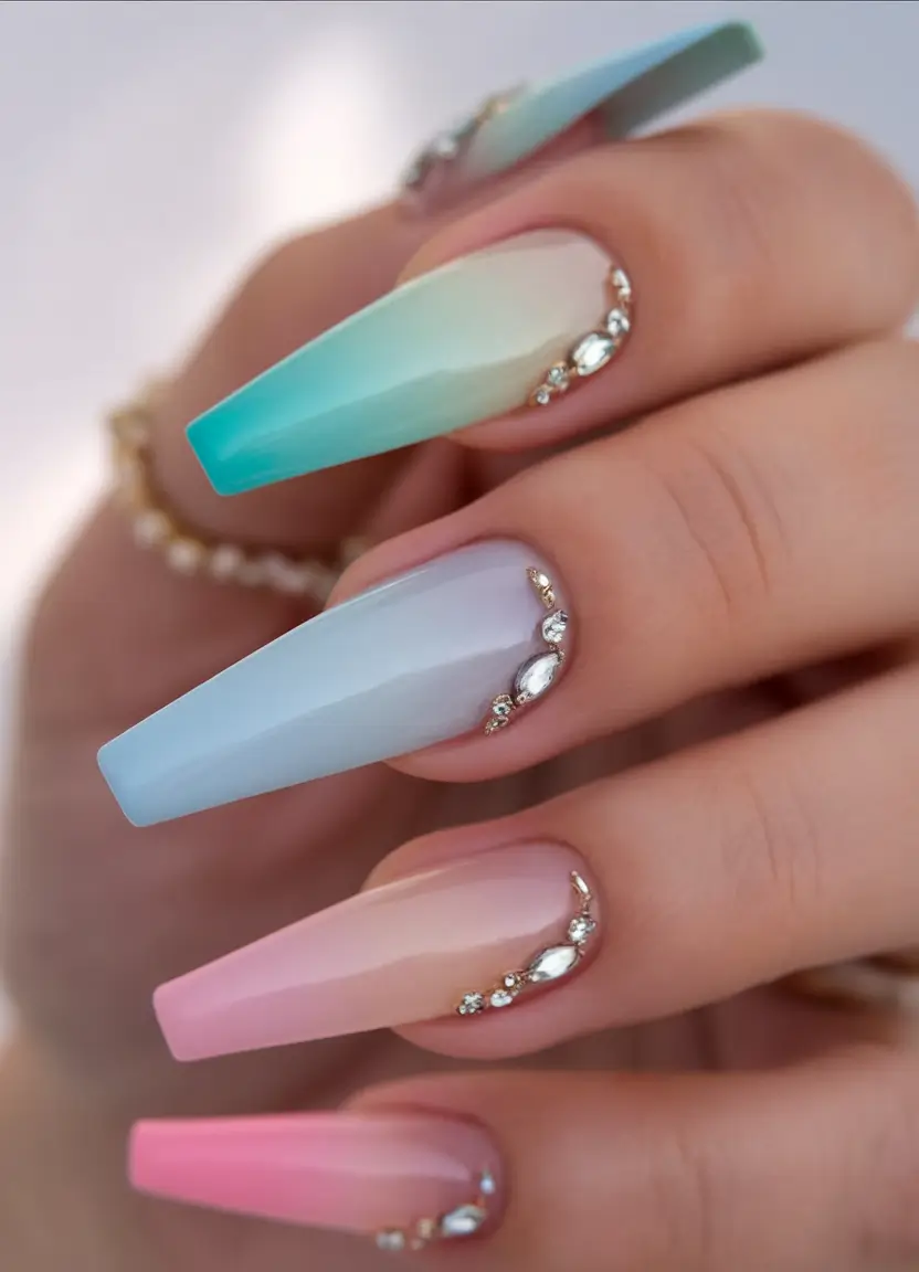 Coffin Nails for Summer 2025 Vibes - Ocean Ombre with Crystal Tide