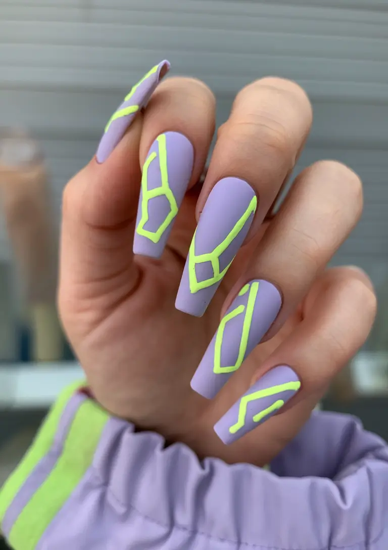Coffin Nails for Summer 2025 Vibes - Electric Lilac with Neon Geometry