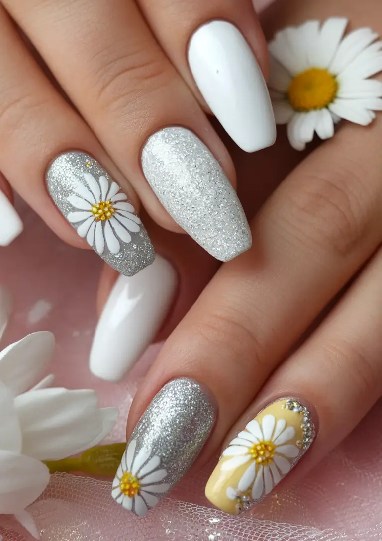Coffin Nails for Summer 2025 Vibes - Daisy Dreams in Silver and Sunshine