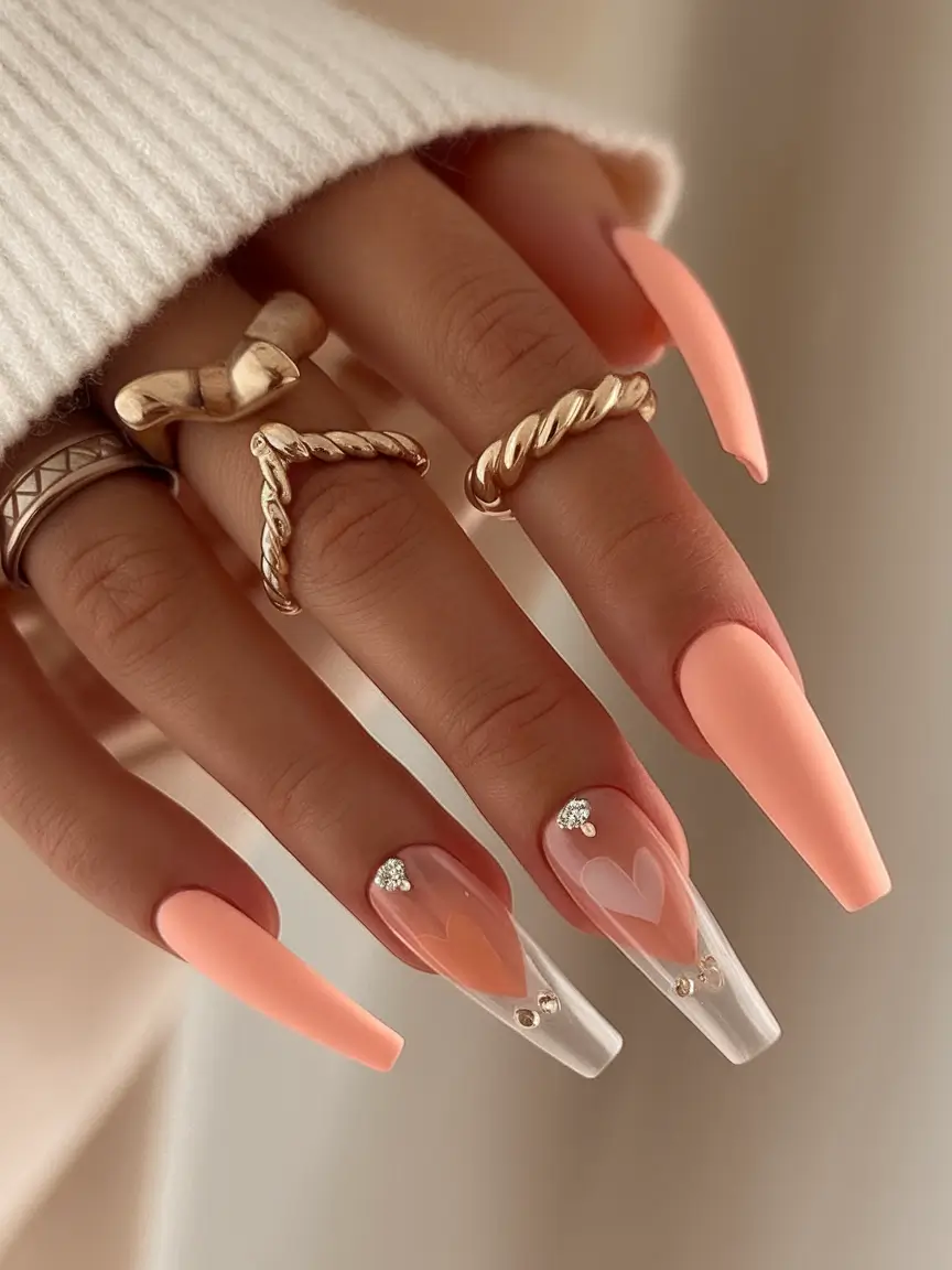 Coffin Nails for Summer 2025 Vibes - Peachy Hearts and Crystal Clear Tips