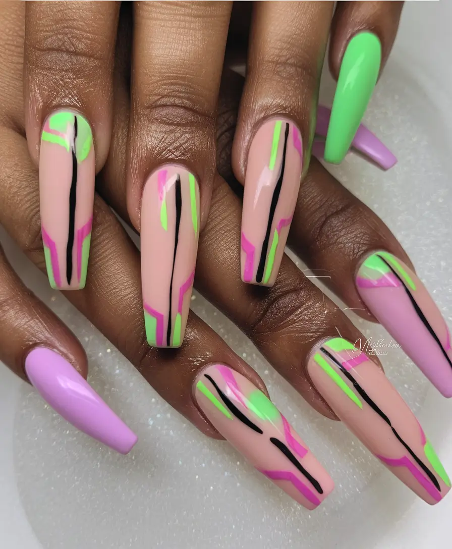 Coffin Nails for Summer 2025 Vibes - Neon Tropic Jungle Lines