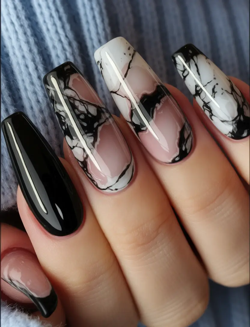 Coffin Nails for Summer 2025 Vibes - Monochrome Marble and Onyx