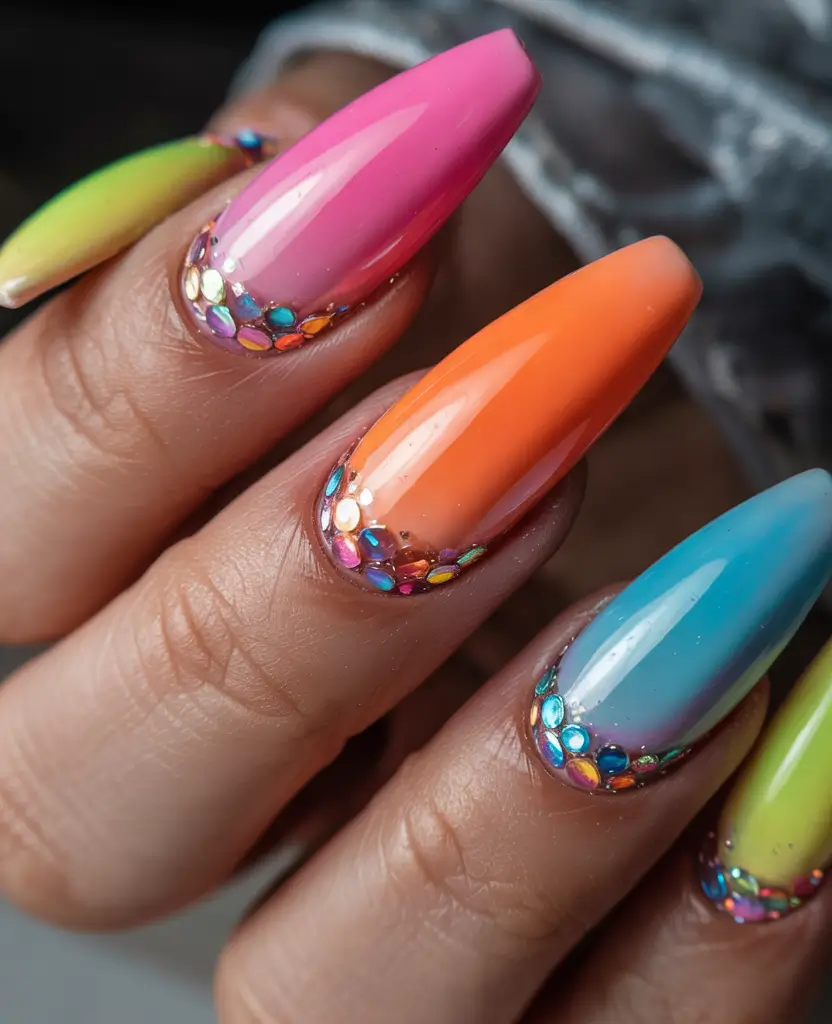 Coffin Nails for Summer 2025 Vibes Rainbow Melt with Crystal Cuticles