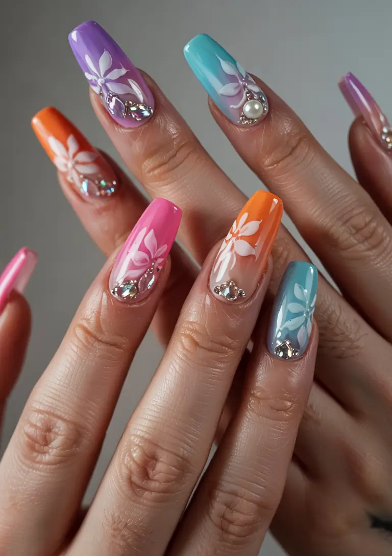 Colorful Nails to Brighten 2025 - Glam Tropic Florals with Crystal Detail