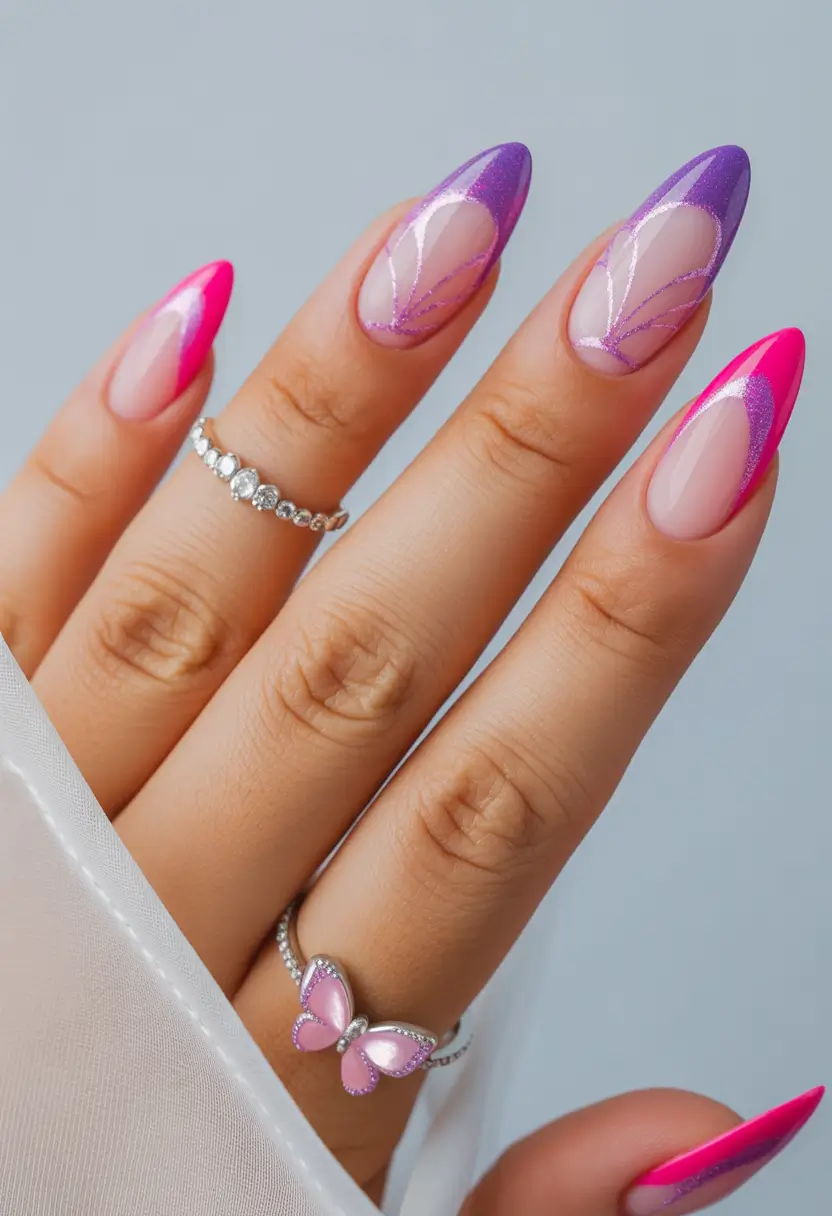 Colorful Nails to Brighten 2025 - Butterfly Fade in Pink and Purple