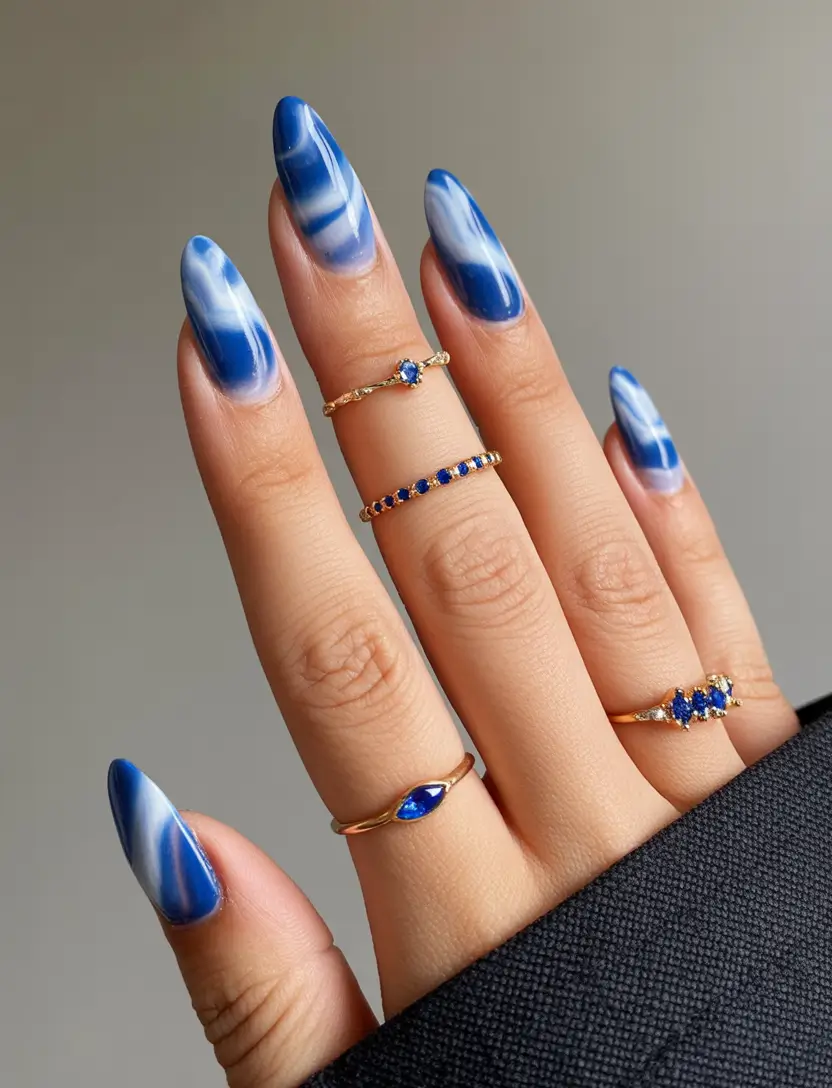 Colorful Nails to Brighten 2025 - Ocean Mist Marble in Cobalt and Cream