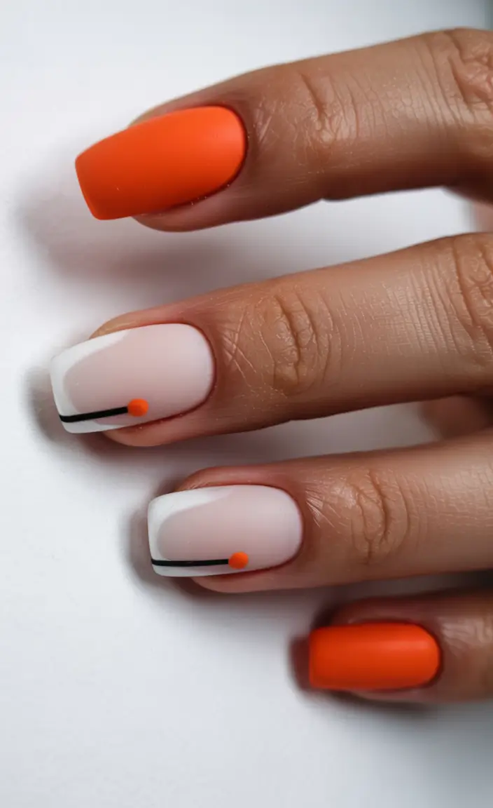 Colorful Nails to Brighten 2025 - Orange Pop with Graphic Neutrals