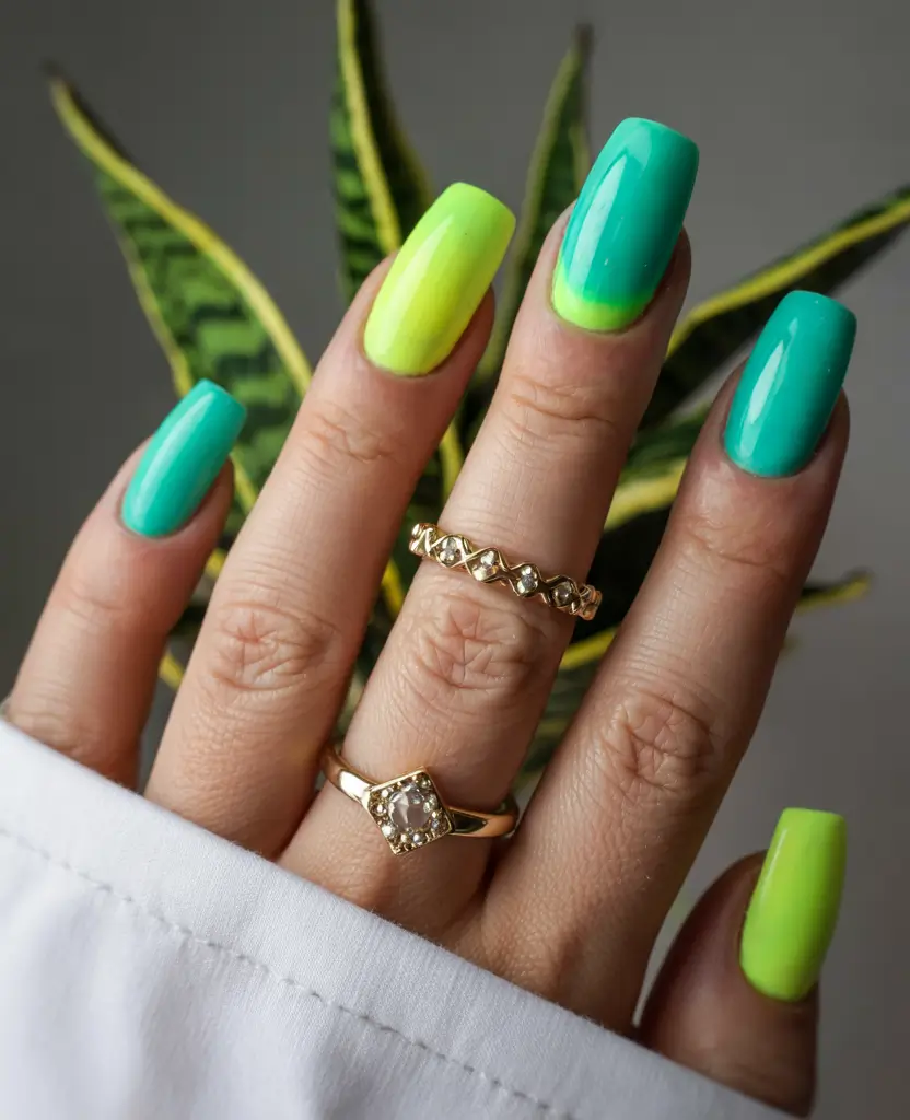 Colorful Nails to Brighten 2025 - Electric Lime Meets Poolside Teal