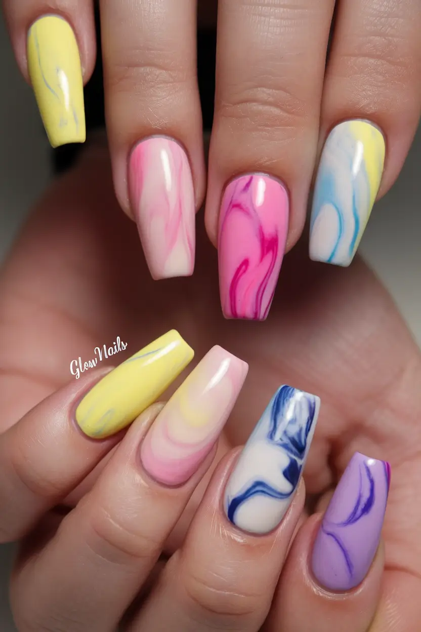 Colorful Nails to Brighten 2025 - Pastel Marble: A Cotton Candy Remix