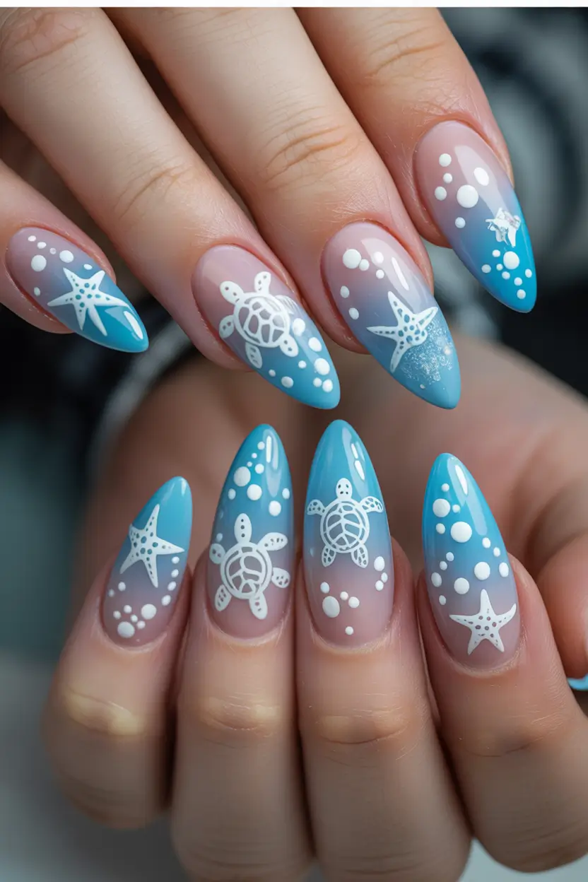 cool blue nail ideas for summer 2025 Sea Turtle Dreams on Ombre Blue