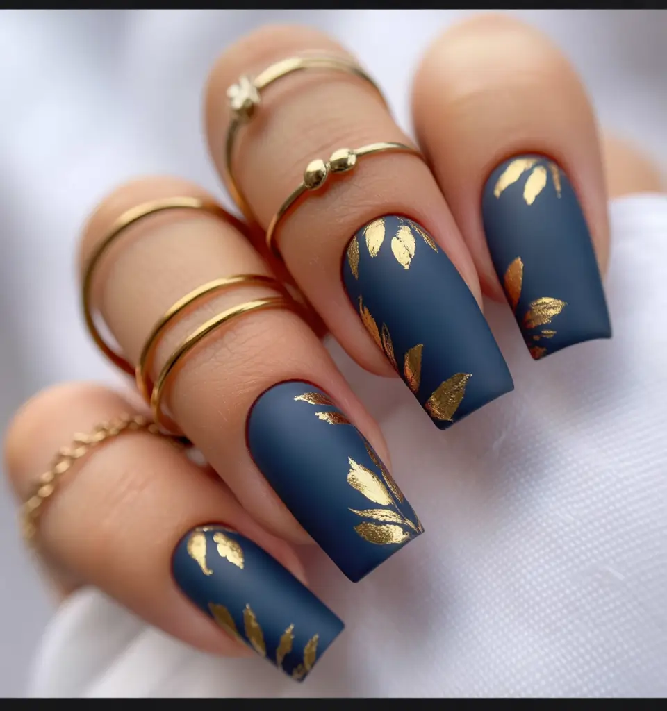 cool blue nail ideas for summer 2025 Matte Midnight with Gold Leaf Glam