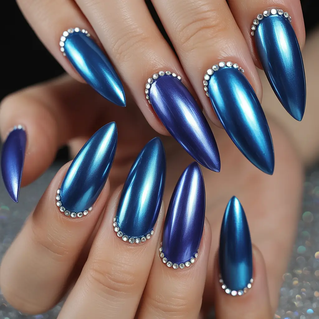 cool blue nail ideas for summer 2025 Galactic Chrome with Crystal Crowns