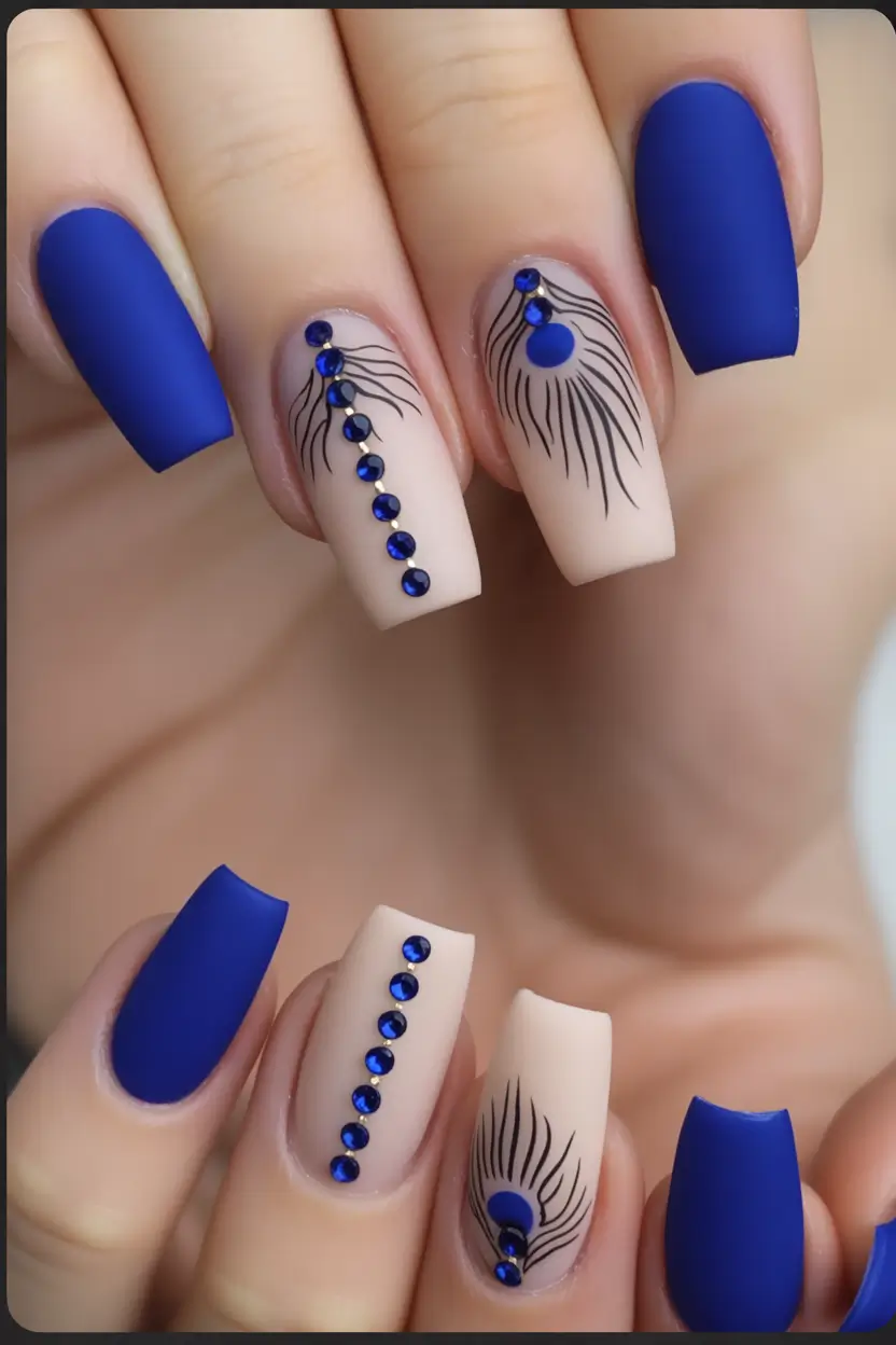 cool blue nail ideas for summer 2025 Peacock Glam with Matte Bold Blue