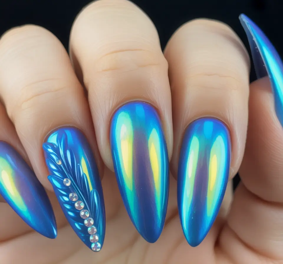 cool blue nail ideas for summer 2025 Neon Blue Chrome with Palm Leaf Accent