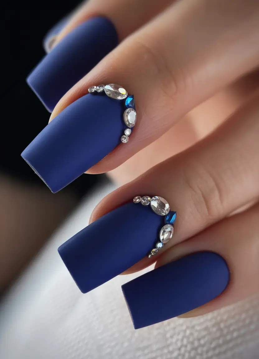 cool blue nail ideas for summer 2025 Matte Navy with Minimalist Gem Cluster